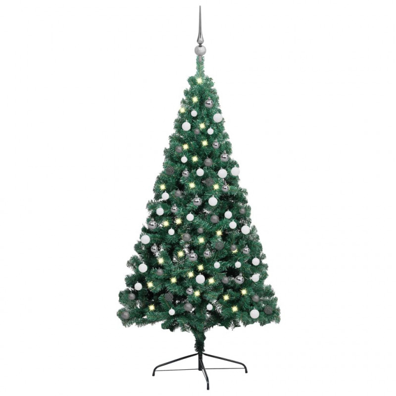 Künstlicher Halber Weihnachtsbaum mit LEDs & Kugeln Grün 120 cm