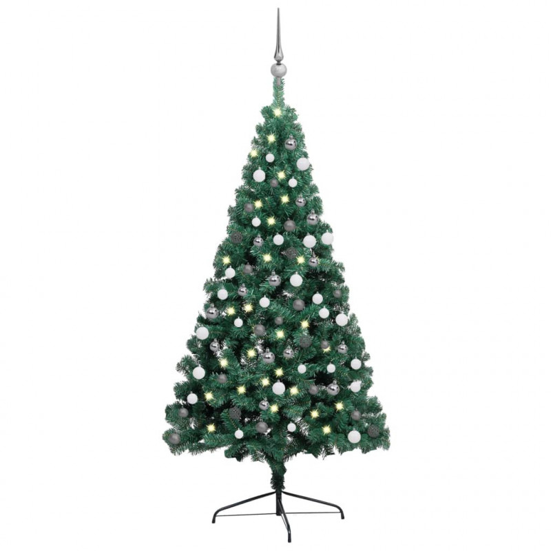 Künstlicher Halber Weihnachtsbaum mit LEDs & Kugeln Grün 150 cm