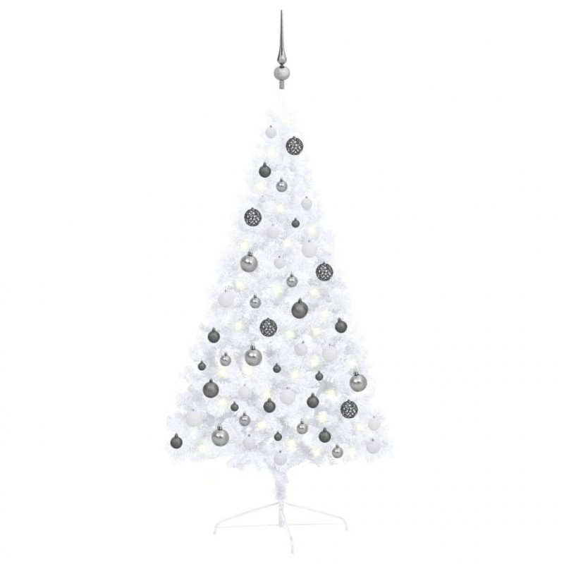 Künstlicher Halber Weihnachtsbaum mit LEDs & Kugeln Weiß 120 cm