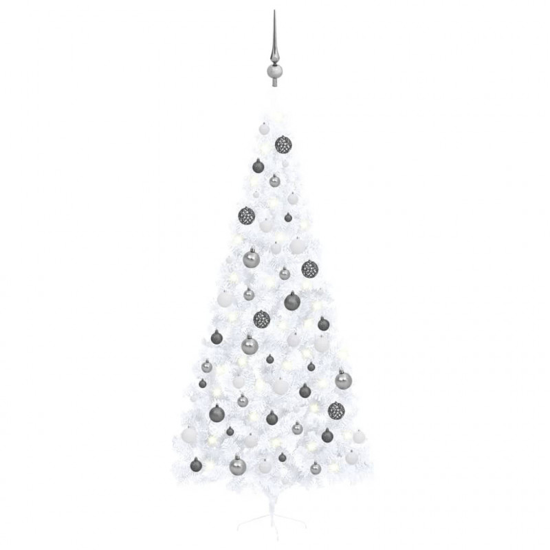 Künstlicher Halber Weihnachtsbaum mit LEDs & Kugeln Weiß 240 cm