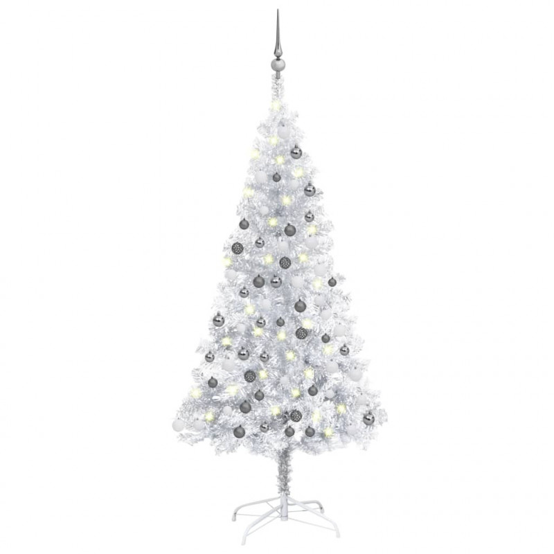 Künstlicher Weihnachtsbaum mit LEDs & Kugeln Silbern 120cm PET