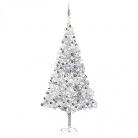 Künstlicher Weihnachtsbaum mit LEDs & Kugeln Silbern 240 cm PET