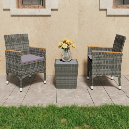 3-tlg. Bistro-Set Poly Rattan und Hartglas Grau