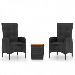 3-tlg. Bistro-Set Poly Rattan und Akazienholz Schwarz