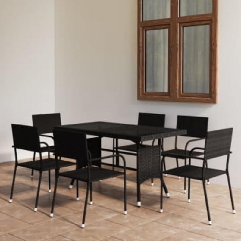 7-tlg. Garten-Essgruppe Poly Rattan Schwarz