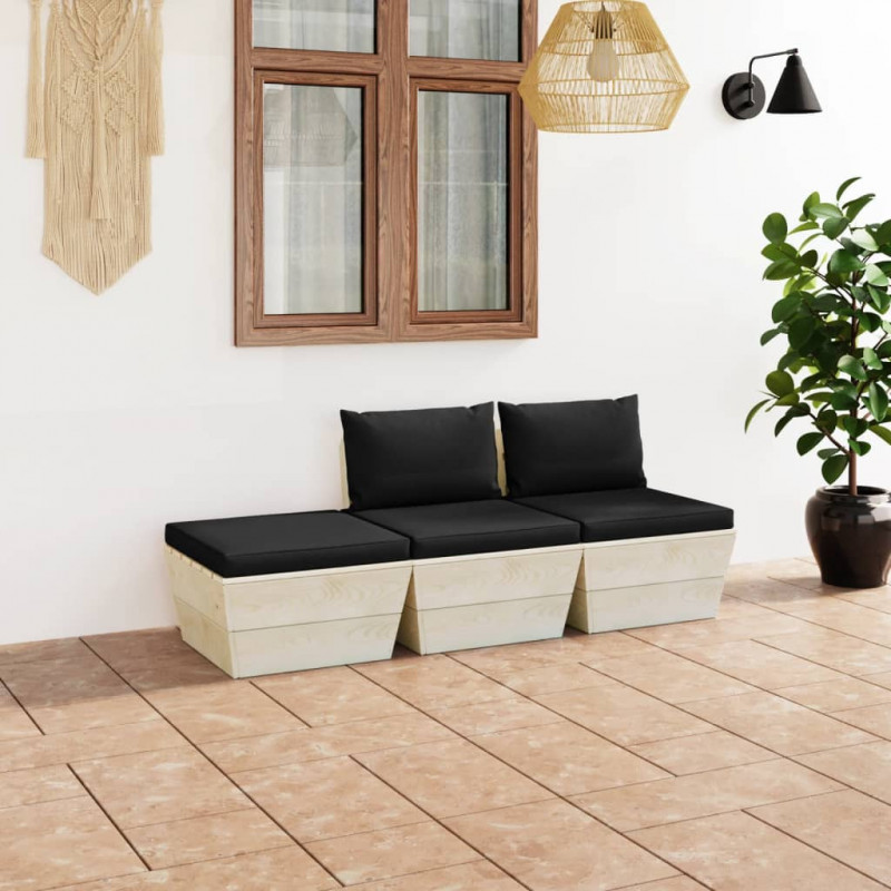 3-tlg. Garten-Sofagarnitur aus Paletten mit Kissen Fichtenholz