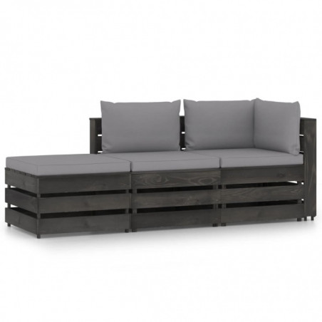 3-tlg. Garten-Lounge-Set mit Kissen Grau Imprägniertes Holz