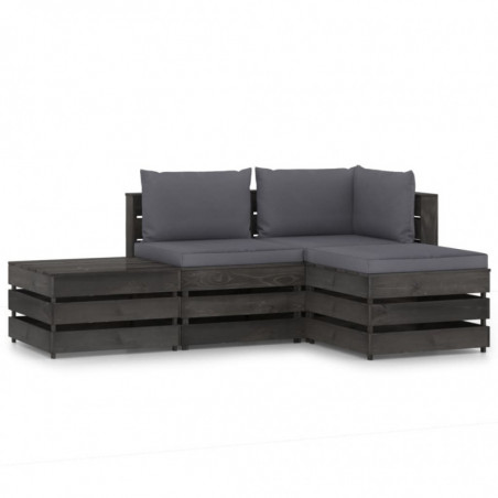 4-tlg. Garten-Lounge-Set mit Kissen Grau Imprägniertes Holz