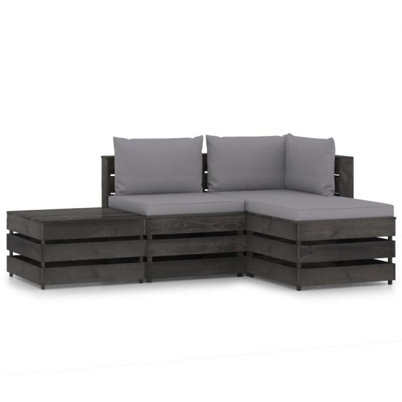 4-tlg. Garten-Lounge-Set mit Kissen Grau Imprägniertes Holz