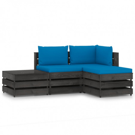4-tlg. Garten-Lounge-Set mit Kissen Grau Imprägniertes Holz