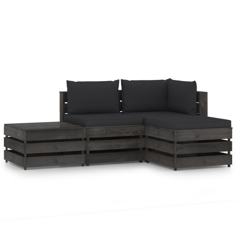 4-tlg. Garten-Lounge-Set mit Kissen Grau Imprägniertes Holz
