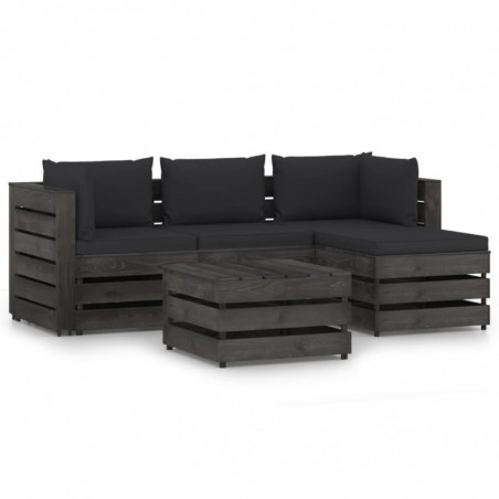 5-tlg. Garten-Lounge-Set mit Kissen Grau Imprägniertes Holz