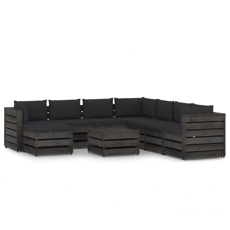 9-tlg. Garten-Lounge-Set mit Kissen Grau Imprägniertes Holz