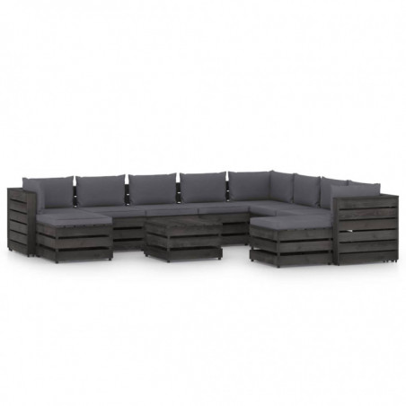 11-tlg. Garten-Lounge-Set mit Kissen Grau Imprägniertes Holz