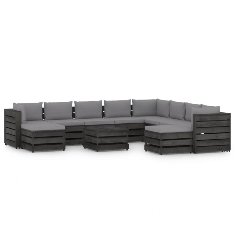 11-tlg. Garten-Lounge-Set mit Kissen Grau Imprägniertes Holz