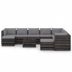 11-tlg. Garten-Lounge-Set mit Kissen Grau Imprägniertes Holz