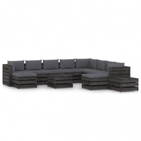 12-tlg. Garten-Lounge-Set mit Kissen Grau Imprägniertes Holz