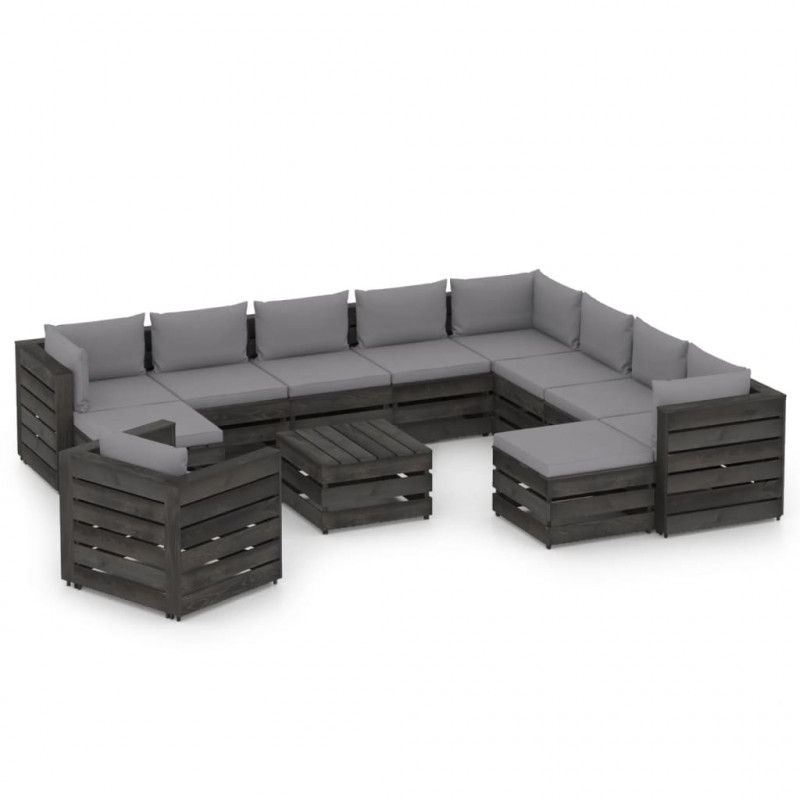 12-tlg. Garten-Lounge-Set mit Kissen Grau Imprägniertes Holz