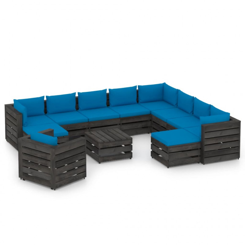 12-tlg. Garten-Lounge-Set mit Kissen Grau Imprägniertes Holz
