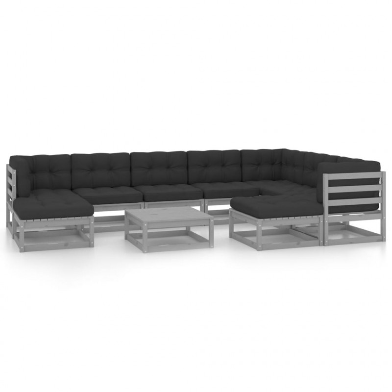 10-tlg. Garten-Lounge-Set mit Kissen Grau Kiefer Massivholz