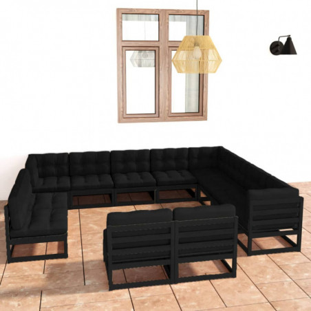 12-tlg. Garten-Lounge-Set mit Kissen Schwarz Kiefer Massivholz