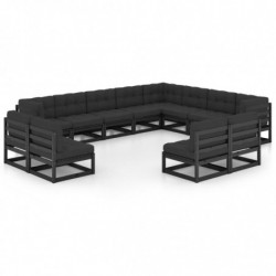 12-tlg. Garten-Lounge-Set mit Kissen Schwarz Kiefer Massivholz