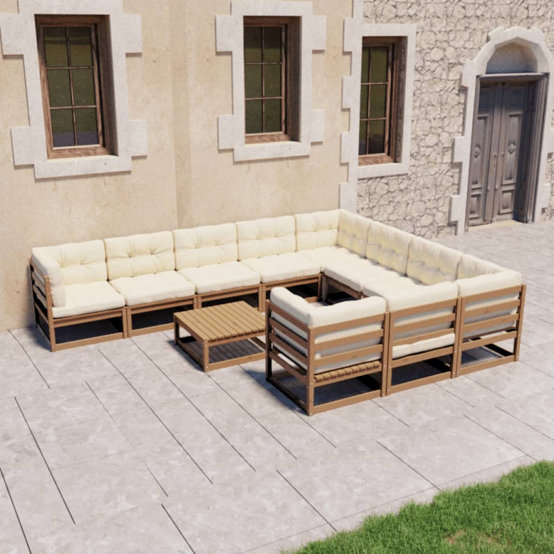 11-tlg. Garten-Lounge-Set Kissen Honigbraun Kiefer Massivholz