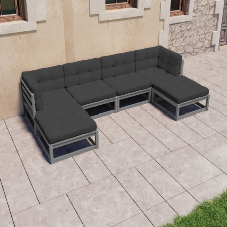 6-tlg. Garten-Lounge-Set mit Kissen Grau Kiefer Massivholz