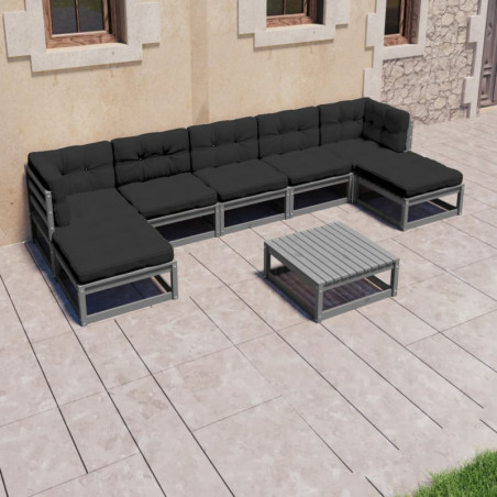 8-tlg. Garten-Lounge-Set mit Kissen Grau Kiefer Massivholz