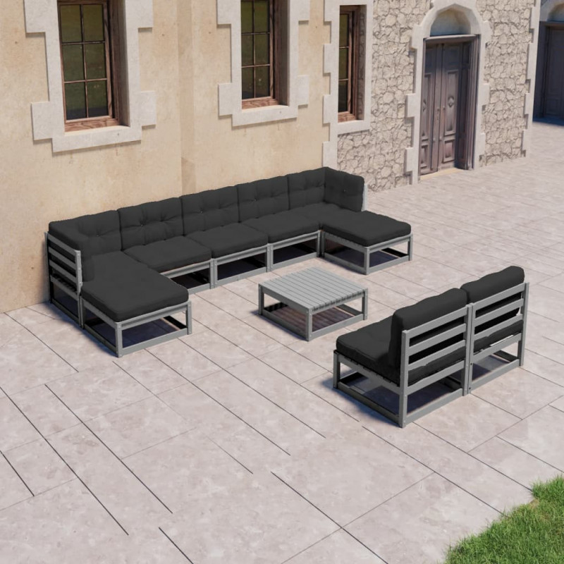 10-tlg. Garten-Lounge-Set mit Kissen Grau Kiefer Massivholz