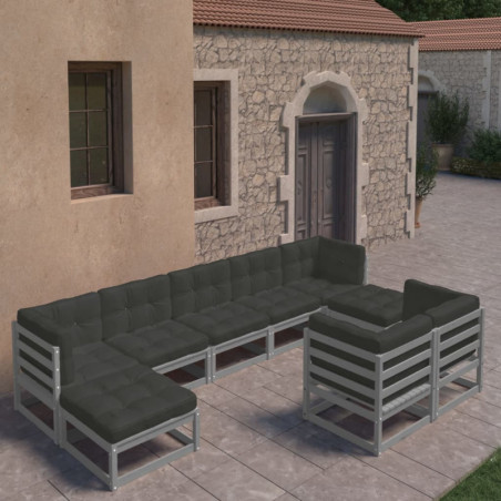 9-tlg. Garten-Lounge-Set mit Kissen Grau Kiefer Massivholz