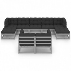 9-tlg. Garten-Lounge-Set mit Kissen Grau Kiefer Massivholz