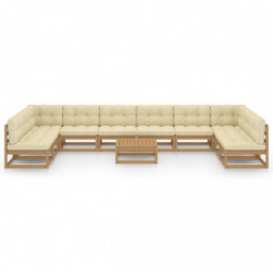 11-tlg. Garten-Lounge-Set Kissen Honigbraun Kiefer Massivholz