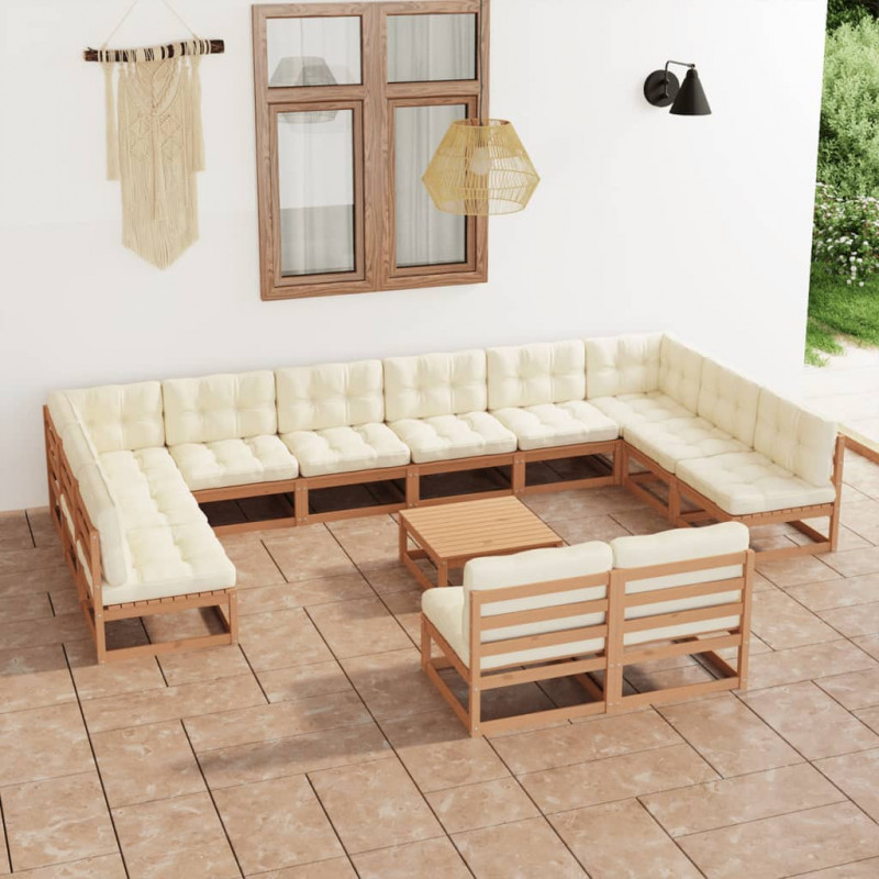 13-tlg. Garten-Lounge-Set Kissen Honigbraun Kiefer Massivholz