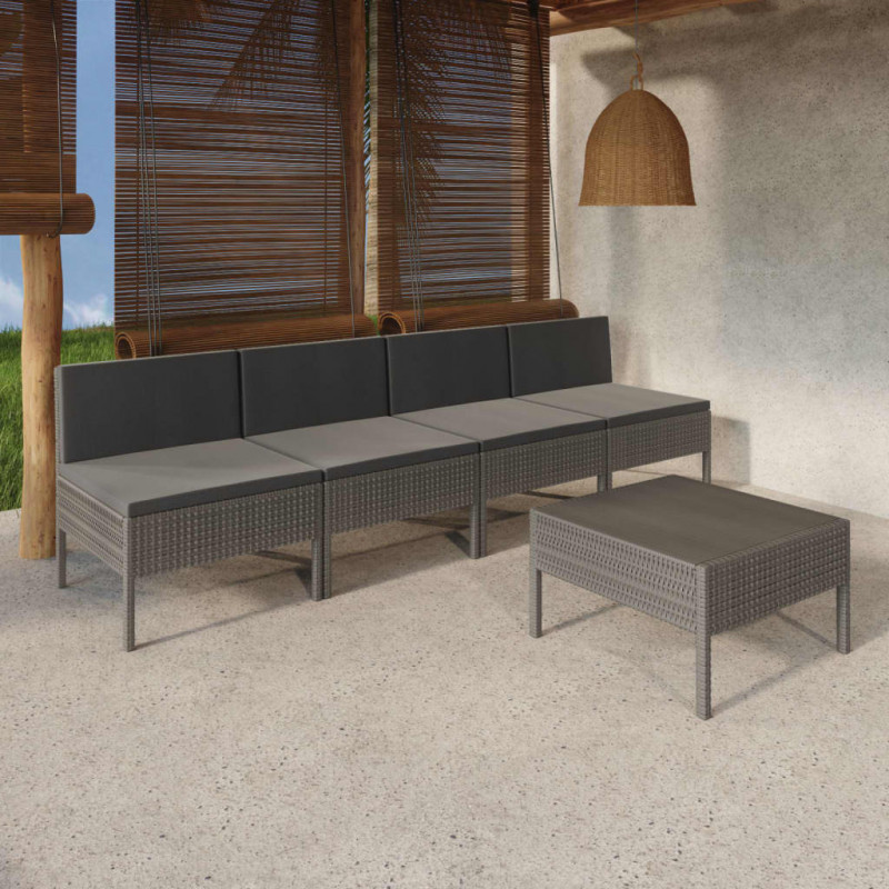 5-tlg. Garten-Lounge-Set mit Auflagen Poly Rattan Grau