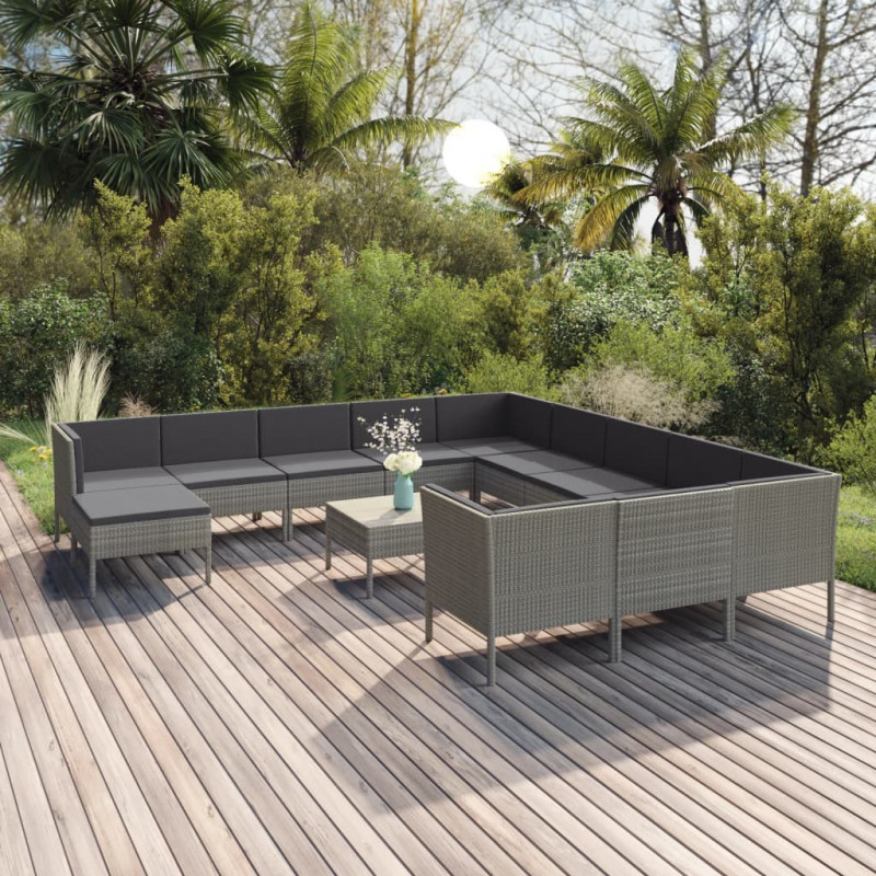 13-tlg. Garten-Lounge-Set mit Auflagen Poly Rattan Grau