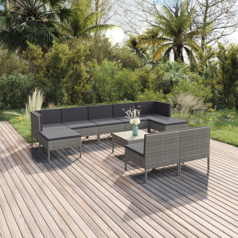 10-tlg. Garten-Lounge-Set mit Auflagen Poly Rattan Grau