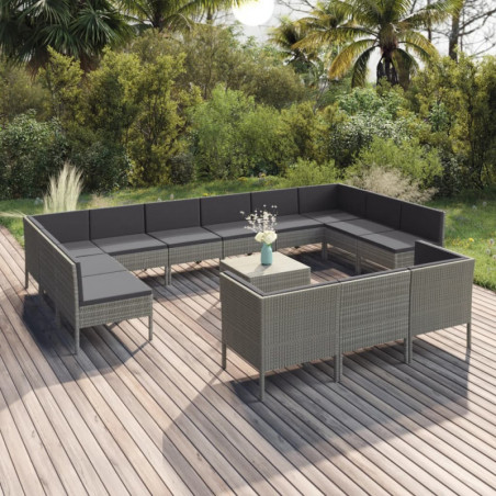 14-tlg. Garten-Lounge-Set mit Auflagen Poly Rattan Grau