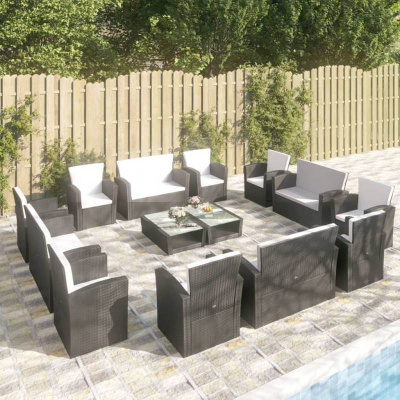 16-tlg. Garten-Lounge-Set mit Auflagen Poly Rattan Schwarz