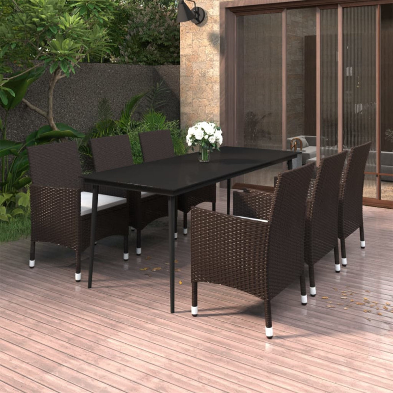 7-tlg. Garten-Essgruppe mit Kissen Poly Rattan und Glas