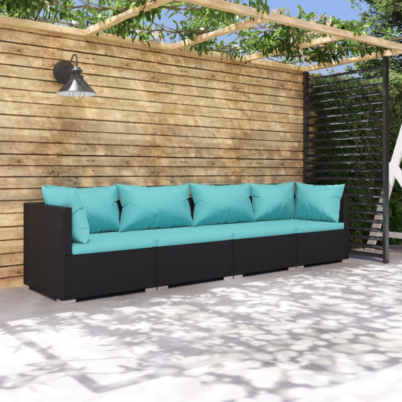 4-tlg. Garten-Lounge-Set mit Kissen Poly Rattan Schwarz