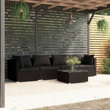 5-tlg. Garten-Lounge-Set mit Kissen Poly Rattan Schwarz