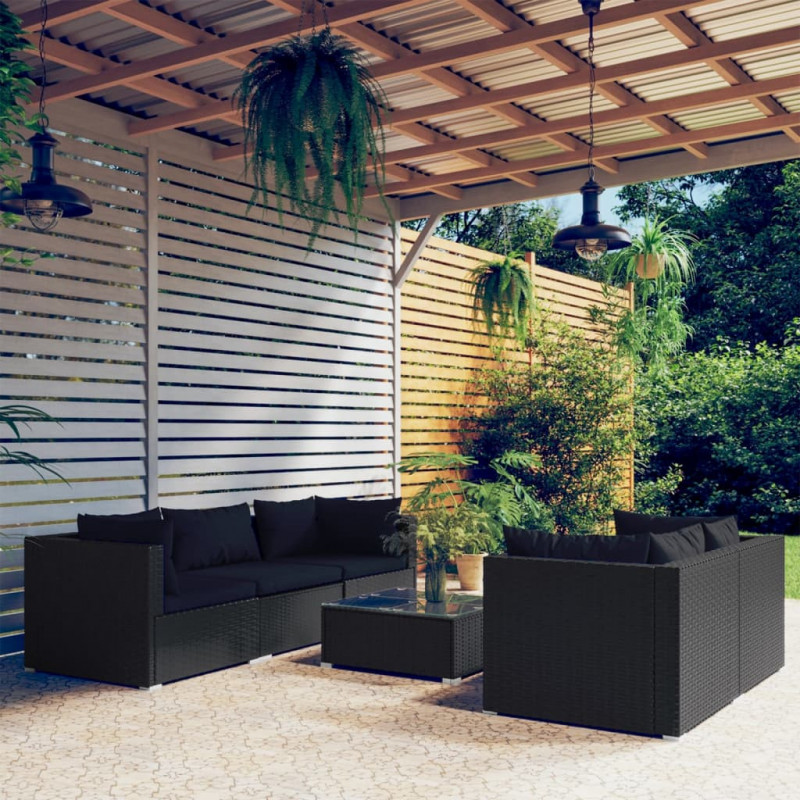 6-tlg. Garten-Lounge-Set mit Kissen Poly Rattan Schwarz