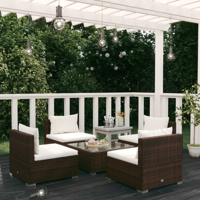 5-tlg. Garten-Lounge-Set mit Kissen Poly Rattan Braun