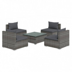 5-tlg. Garten-Lounge-Set mit Kissen Poly Rattan Grau