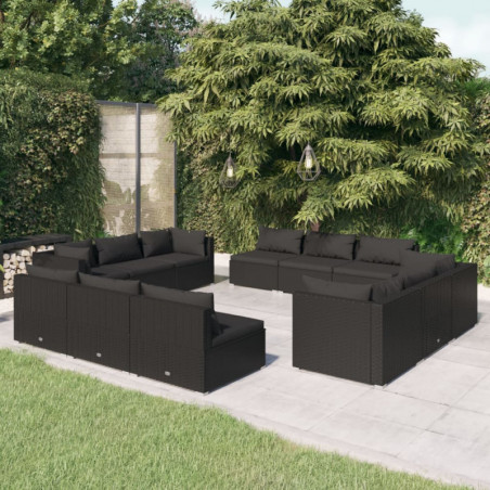 12-tlg. Garten-Lounge-Set mit Kissen Poly Rattan Schwarz