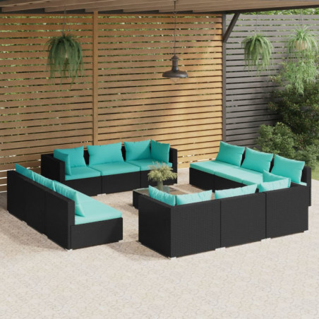 13-tlg. Garten-Lounge-Set mit Kissen Poly Rattan Schwarz