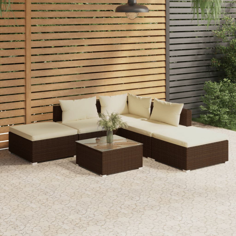 6-tlg. Garten-Lounge-Set mit Kissen Poly Rattan Braun