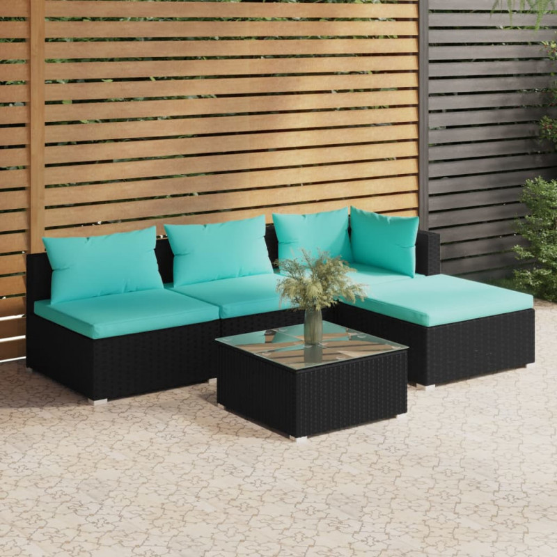 5-tlg. Garten-Lounge-Set mit Kissen Poly Rattan Schwarz