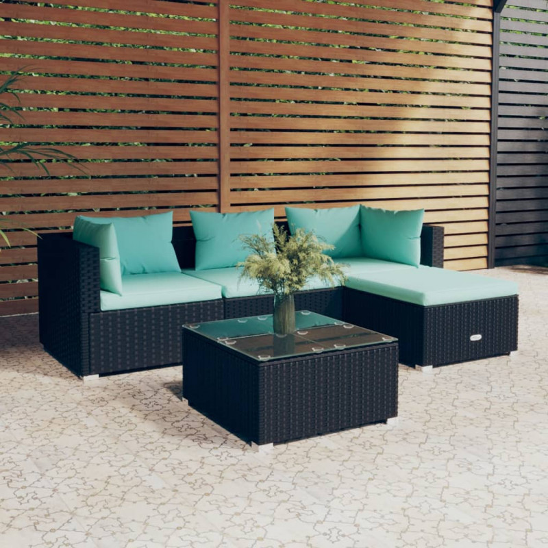 5-tlg. Garten-Lounge-Set mit Kissen Poly Rattan Schwarz